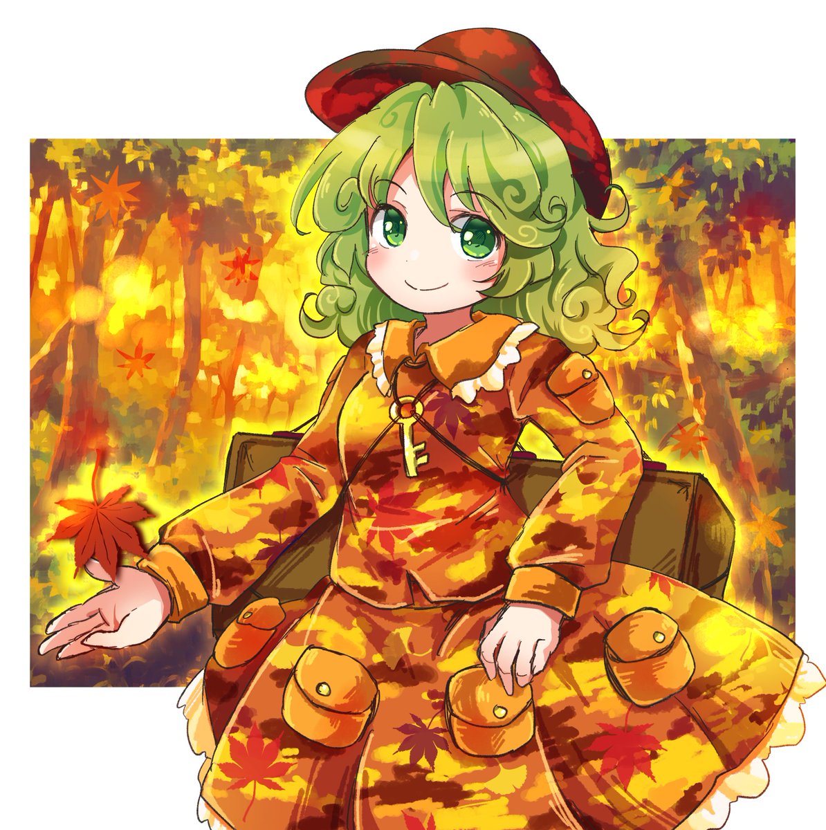 1girl camouflage green hair solo skirt hat key  illustration images