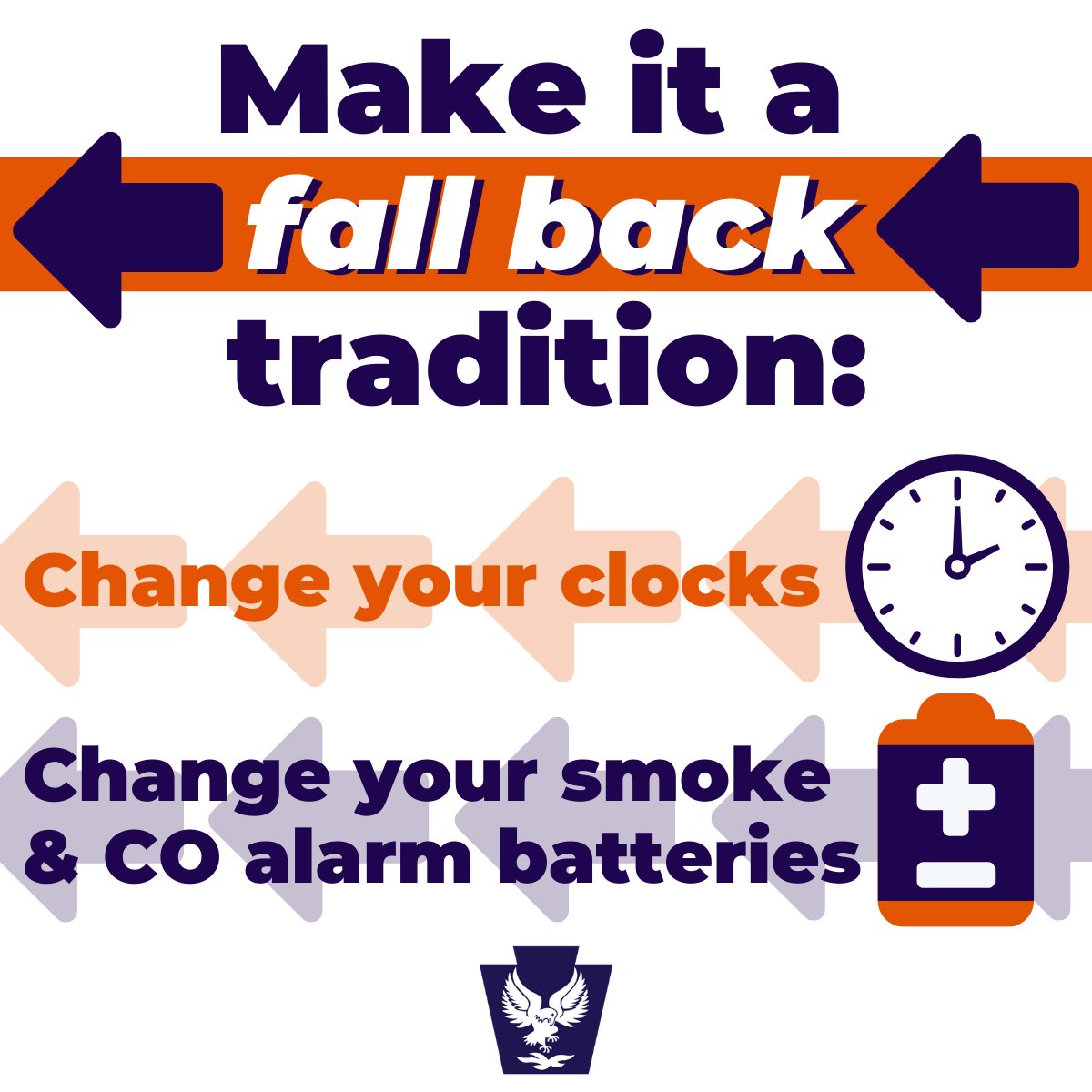 PEMAHQ's tweet photo. Make it a fall back tradition! Change your clocks⏰ + change your alarm batteries🔋 this weekend.

Working smoke and carbon monoxide (CO) alarms save lives.

#BeFireSafePA #DaylightSavingTime https://t.co/yp6CJFeyLe