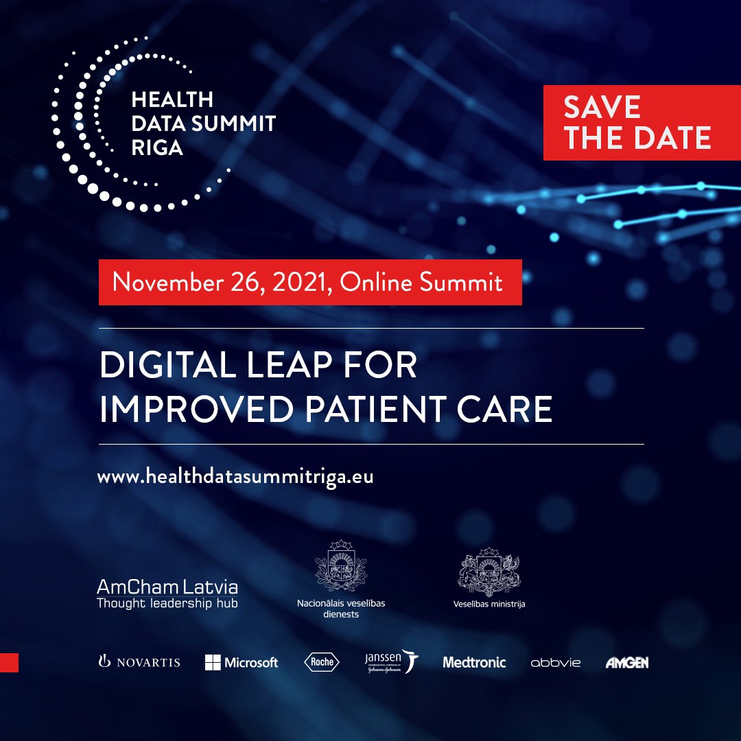 Save the date! 🗓 Health Data Summit Riga: Digital Leap For Improved Patient Care will take place on November 26, available online worldwide. healthdatasummitriga.eu

Organizers: Ministry of Health of Latvia <a href="/veselibasmin/">Veselības ministrija</a> , National Health Service <a href="/VMNVD/">Nacionālais veselības dienests</a>  and <a href="/amchamlat/">AmCham Latvia</a> . Join!