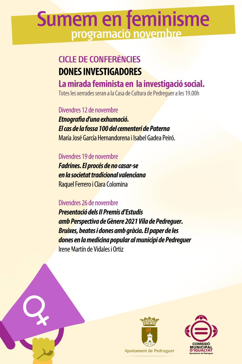 ladulaestudi's tweet photo. L'@AjuntPedreguer ha organitzat un cicle ben especial sobre la mirada feminista en la investigació social. A més, e presentaran tres recerques on la memòria oral és fonamental. No hi ha que perdre's a @ah_ene @gadea_isa @peppa_gh i la resta de companyes! https://t.co/mD3Rs2KrUI