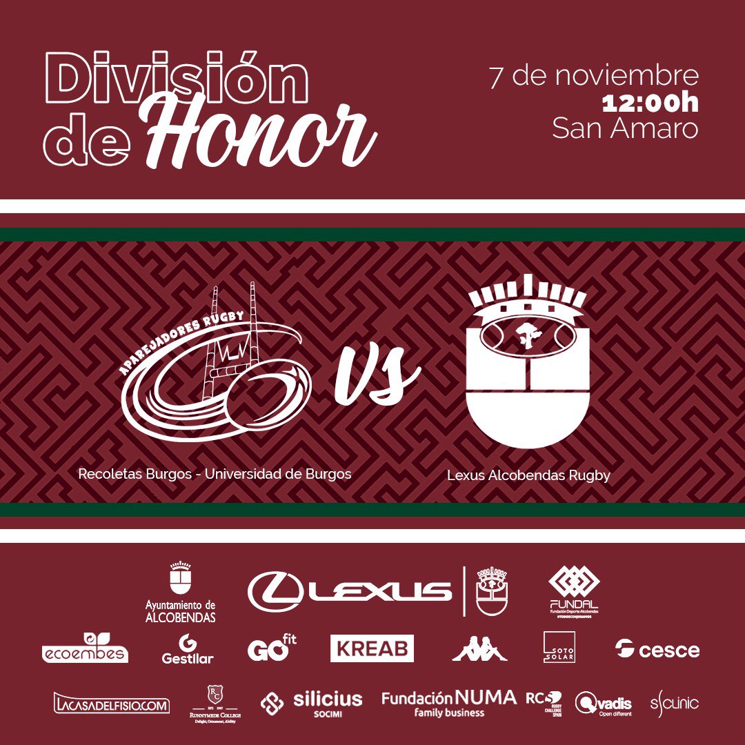 AlcobendasRugby's tweet photo. Se repite la final de Copa 🏆

Jornada 4️⃣
@RugbyAparejos 🆚 #LexusAlcobendasRugby

📅 7 de noviembre
⏰ 12:00h
🏟 San Amaro

#ARU #SomosGranates https://t.co/9BvAcaMv3q