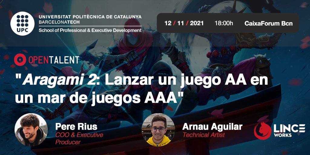 🎮 12/11. Open Talent: "Aragami 2: Lanzar un juego AA en un mar de juegos AAA".
🗣️Pere Rius y Arnau Aguilar de <a href="/LinceWorks/">Lince Works</a>.
➕Presentación de <a href="/shutdown_game/">Shutdown</a>, proyecto final de los Másters en Videojuegos y Animación.
 📍CaixaForum Barcelona.
🗨️En inglés. 
🔗bit.ly/3o3A4V4