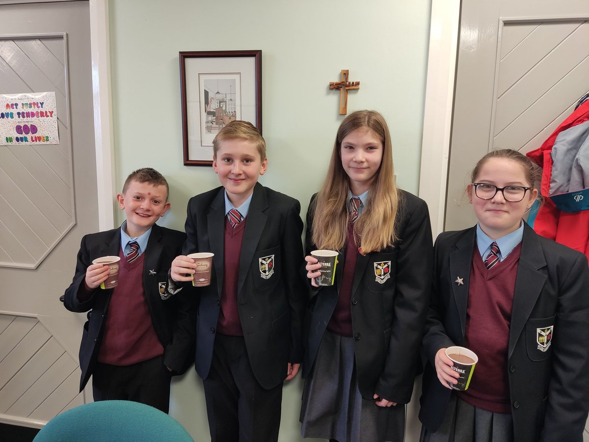 SARCHSofficial's tweet photo. Well done to Cora, Oliver, Leo and Orla who achieved the top reward points for Year 7 and were treated to hot chocolate and croissants with Mr Wright. https://t.co/4TMX7QP84D