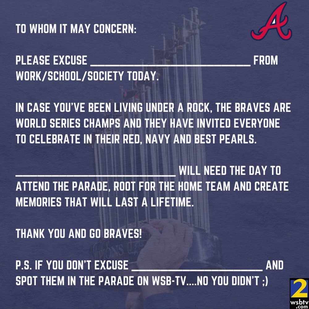 wsbtv's tweet photo. We have a feeling many of y'all might need this today 😏 https://t.co/cEDbNQFLEk #GoBraves #BattleWon #BattleATL #FortheA #WorldSeries https://t.co/oAgLiHYHRa