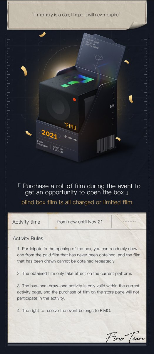 fimo_app's tweet photo. 『If memory is a can, I hope it will never expire.』

FIMO special blind box activity，Buy 1 Get 1 free
From now until Nov 21.
Blind box film is charged or limited one, you can randomly draw one from the film that has never been obtained.   

Wish you the best of luck.
#fimoapp https://t.co/xnCmad0ijd