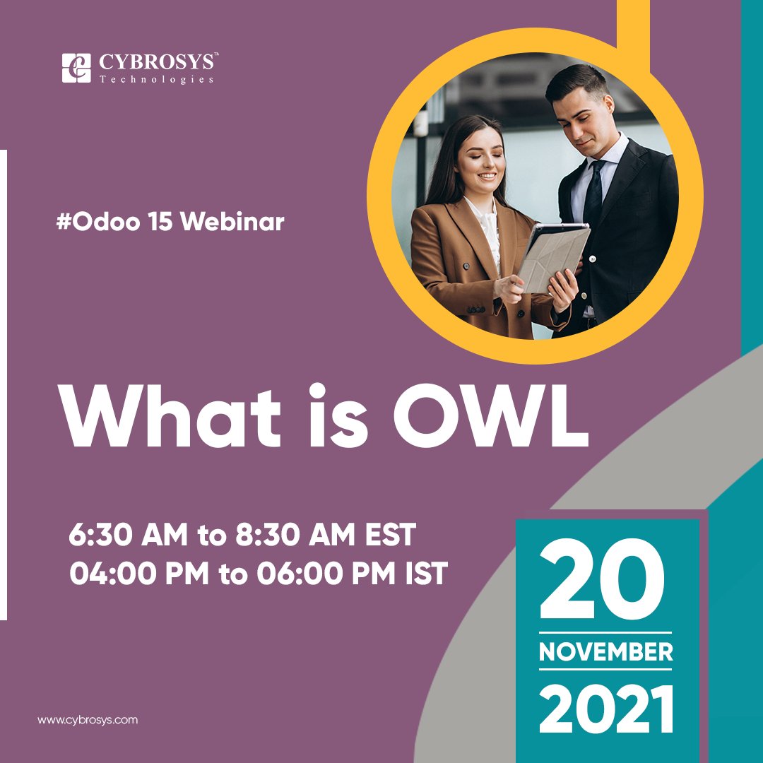 Cybrosys's tweet photo. The Odoo Web Library (OWL) is a useful tool in functioning with Odoo. Here is your chance to learn about OWL by attending the free Odoo 15 webinar by Cybrosys Technologies, the leading Odoo Gold partner.
Registration Link: https://t.co/Pubgutdv0Q
#odoowebinar #learnodoo https://t.co/tHzIyv6qN7