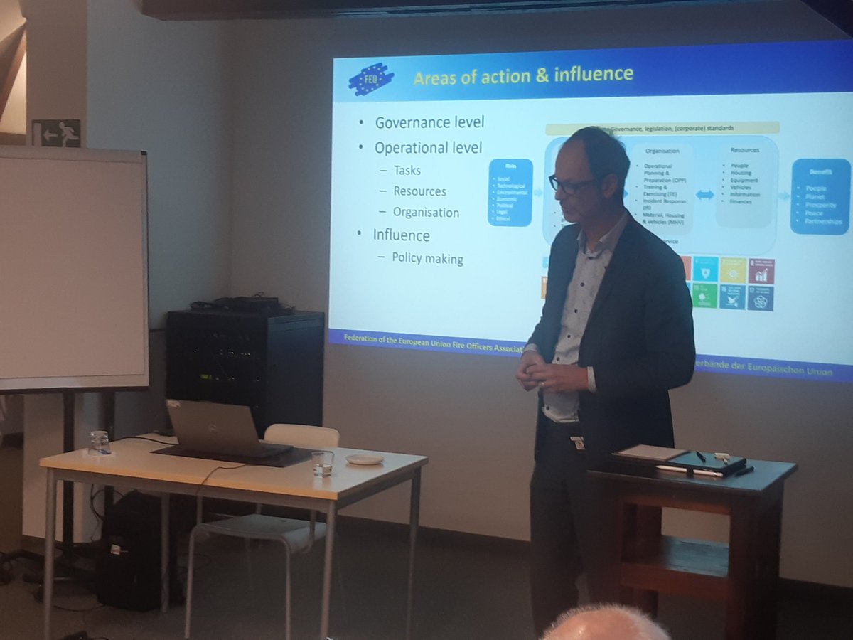 Xavier Criel, Resilience and Sustainability Management Consultant discussing how to embed #UN sustainable development goals into the #fireservices in #Europe at <a href="/FEUorg/">FEU Fire Officers</a> congress in <a href="/Stadgent/">Stad Gent</a>