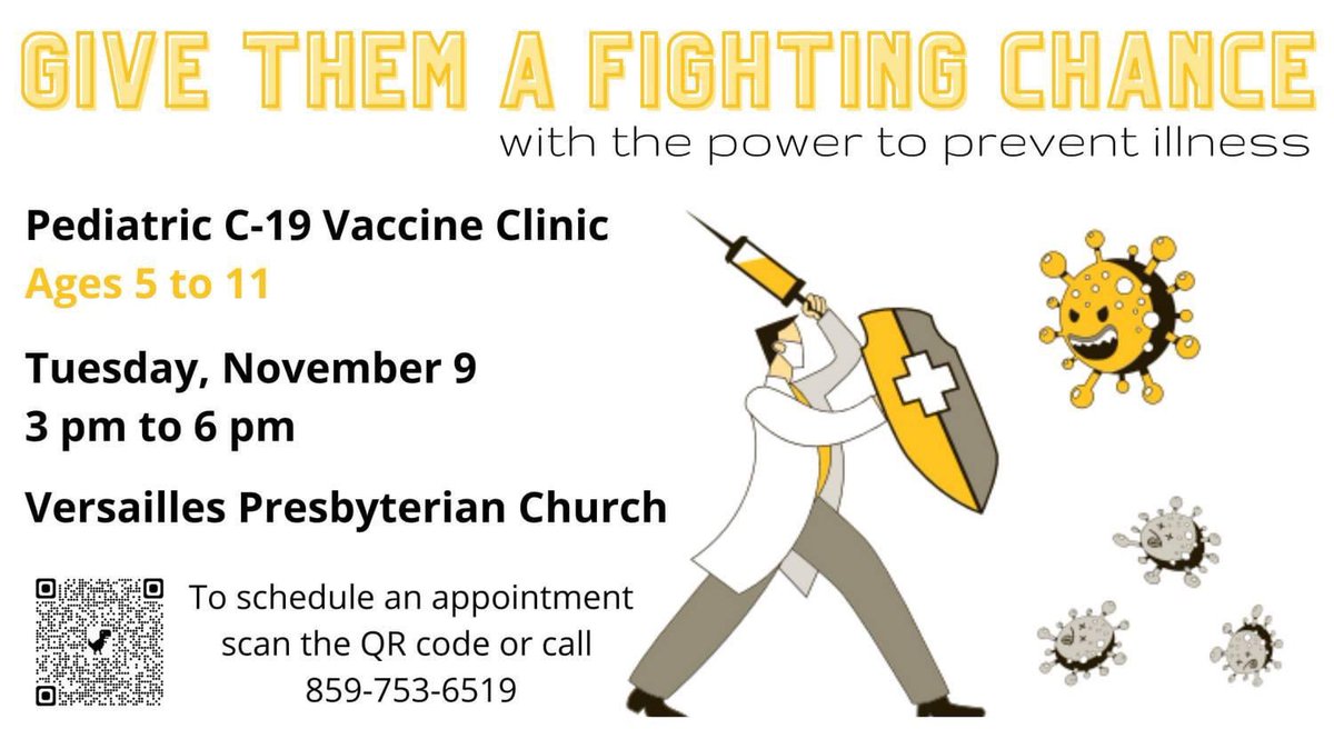 HealthWoodford's tweet photo. To schedule an appointment for your child to receive the Pfizer vaccine on Tuesday, November 9, at Versailles Presbyterian Church, please register online or call 859-753-6519.  

Walk-ins accepted.  Appointments preferred. https://t.co/5U3S1mIMl4