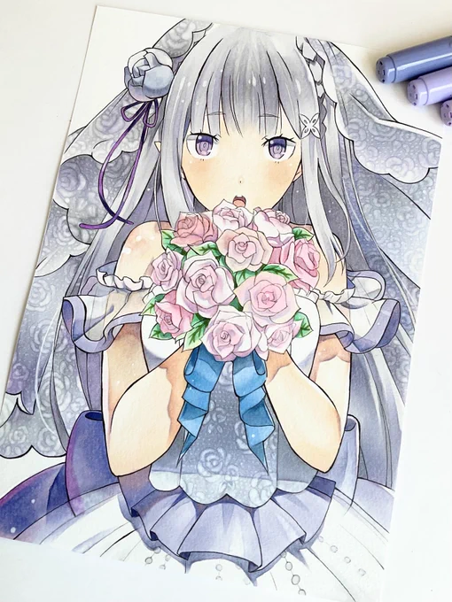 コピックでエミリア描きました💐
#リゼロ #エミリア #模写 
