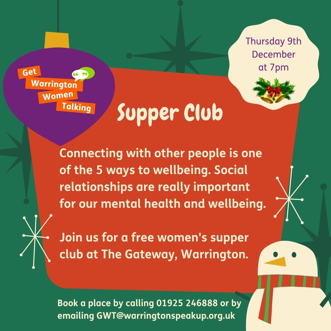 Following on from our very first successful Get Warrington Women Talking supper club last night, we would love it if you joined us for our Christmas supper club. See poster for details and contact us to book your place. #getwarringtontalking  #wellbeing #mentalhealthmatters