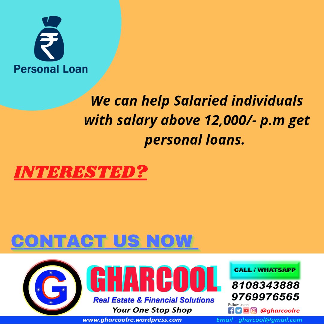gharcoolre's tweet photo. #Low #Salary not helping you get #PersonalLoans? We can #help #Salaried people having Salary from Rs. 12,000/- p.m.
Contact @gharcoolre NOW
#gharcoolre #loans #personal #homeloans #businessloans #projectloans https://t.co/qkcjTEo7oL