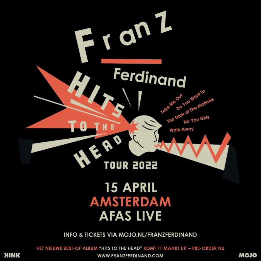 Na de aankondiging van het komende greatest hits album volgt ook de 'Hits To The Head' tour waar @Franz_Ferdinand op 15 april 2022 de @AFASLive aan zal doen. Kaarten zijn vanaf 12 november om 10.00 te koop via mojo.nl/franzferdinand
