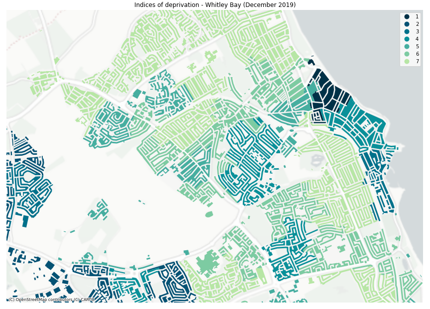 BarryChocolate's tweet photo. @Peter_Brace This is Indices of deprivation (2019) for North Tyneside and Whitley Bay. #30DayMapChallenge #GIS #ZoomStack #GeoPandas https://t.co/yDNDjgjJaw