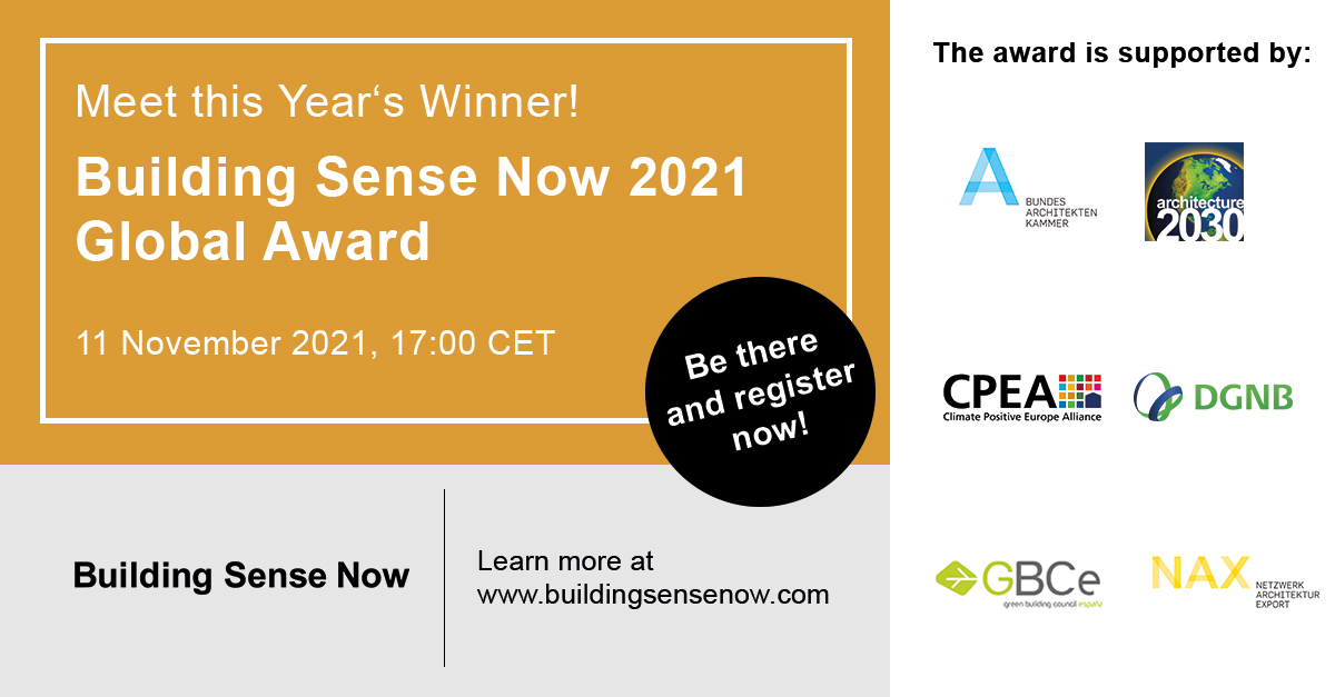 DGNB_eV's tweet photo. On November 11, #COP26's buildings day, the initative #BuildingSenseNow is awarding this year's winner of the "Buidling Sense Now Global Award". We are excited to hear together with you directly from the winner during a 30 minute lecture. Register now: https://t.co/K6qUbNUbat https://t.co/LdFRvA41bB