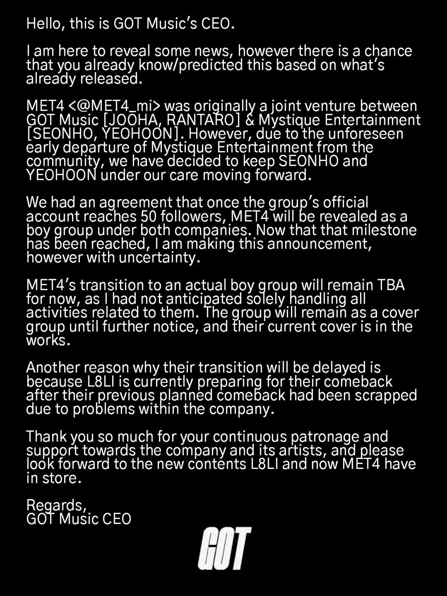 GOT_msc's tweet photo. < GOT NOTICE 📢 >

An announcement regarding all artists under the company
❗MET4's Updated Twitter <@MET4_got>

#L8LI #MET4 #GOTMSC #MonthlyIdol https://t.co/PJM6xW8fp5
