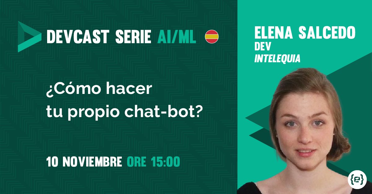 CodemoMadrid's tweet image. ¿Te gustaría hacer tu propio chat-bot? Aprende cómo hacerlo en el segundo episodio del DevCast sobre IA/ML con Elena Salcedo. 
🗓10 de noviembre
⏰15h00
🎙@ESalcedoo 
💻Regístrate aquí 👉🏼 live.codemotion.com/devcast/aplica…