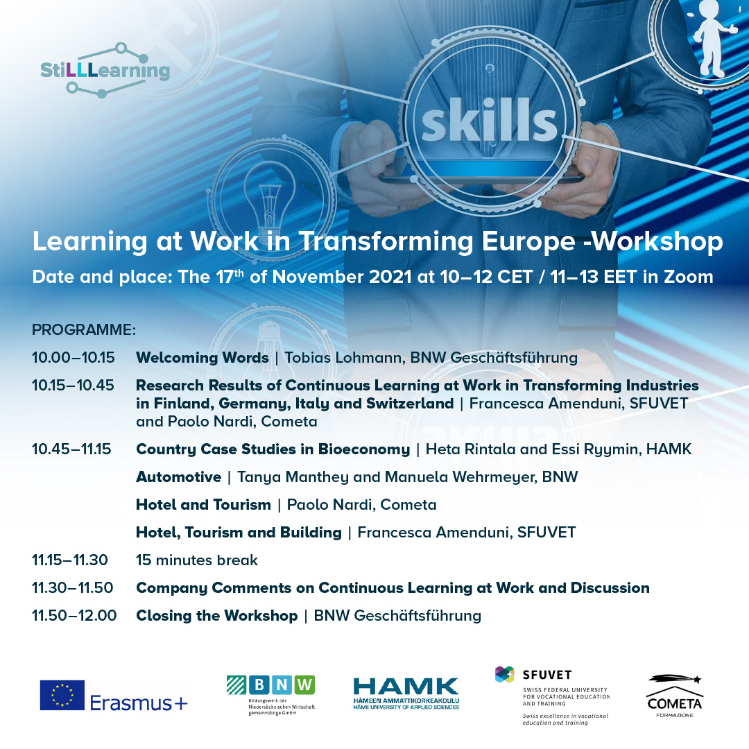 EssiRyy's tweet photo. Welcome to Learning at Work in Transforming Europe – Workshop November 17th at 10-12 CET in ZOOM! Link to registration👉https://t.co/x35YKqH7Hl Research results and more info👉 https://t.co/vIQUxzkkIQ @ErasmusplusFI @EUErasmusPlus  #learningatwork #futureskills https://t.co/qazNEMy3Qw