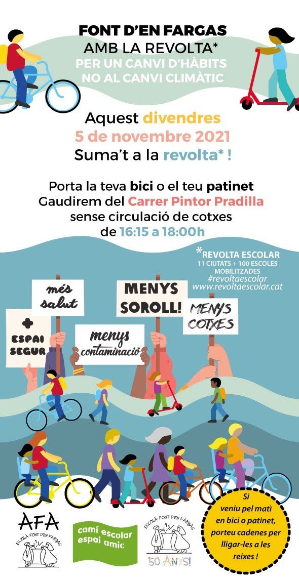 Famílies, avui torna la #revoltaescolar! Continuem amb la reivindicació d’espais segurs, saludables i sense cotxes al voltant de l’escola. 
<a href="/RevoltaEscolar/">Revolta Escolar Cat</a> <a href="/eixrespira/">Eixample Respira</a> <a href="/affac_cat/">aFFaC</a>