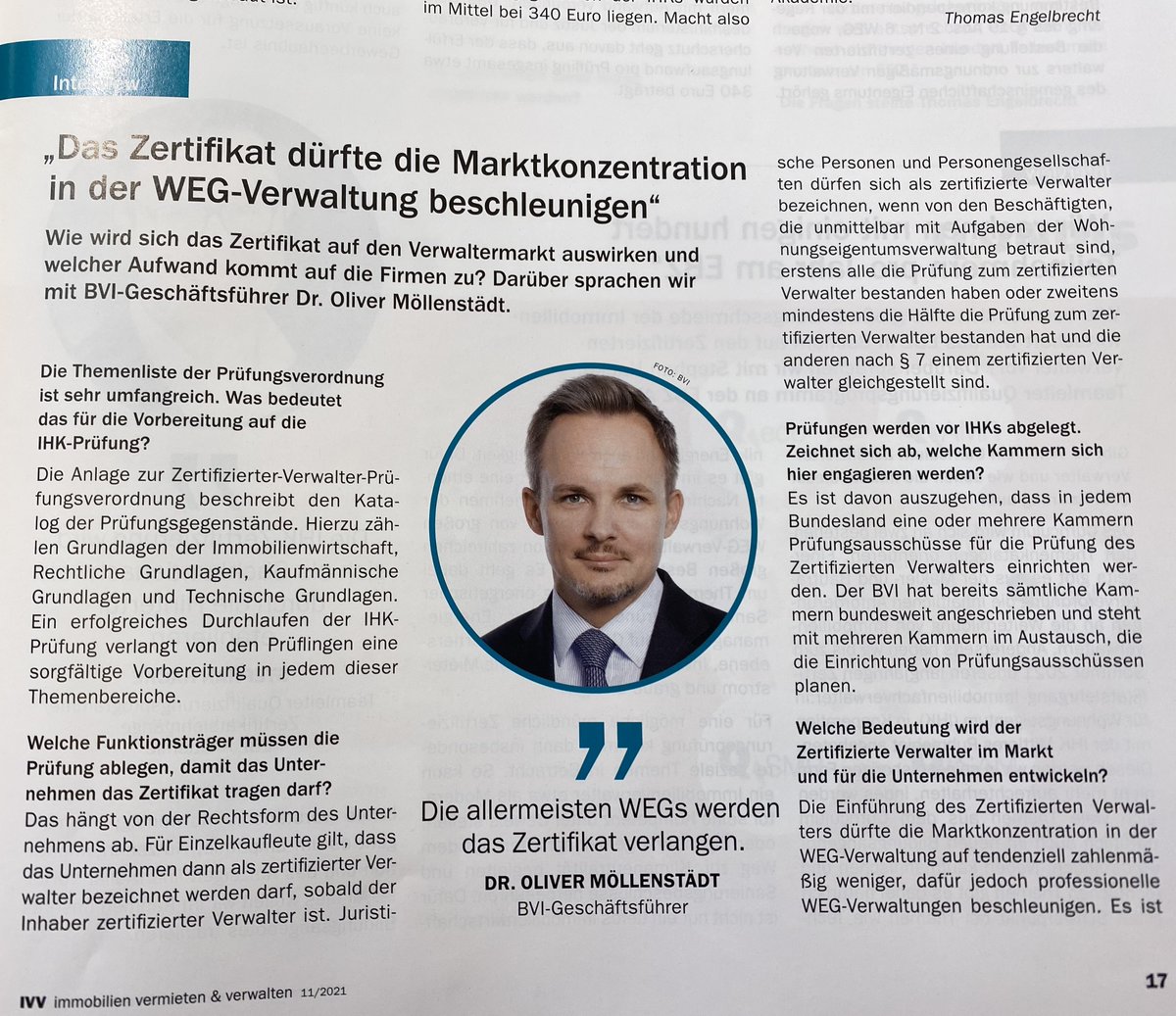 #BVI-Geschäftsführer Dr. Möllenstädt im #ivvmagazin über die #IHK-Prüfung zum zertifizierten #Verwalter: "Das Zertifikat dürfte die Marktkonzentration in der WEG-Verwaltung beschleunigen“ 
➡️ bit.ly/3EOmxI0