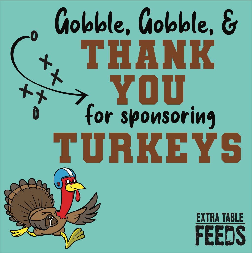Today is the last day to sponsor a turkey this Thanksgiving for a family that otherwise would not have one on their table.. 

🦃Text FEEDS to 36413 (thanks @cspire)⁠ to sponsor one for $15🦃

#ExtraTable #TackleHunger #GobbleGobble #Turkey #WeFightHungerDifferently