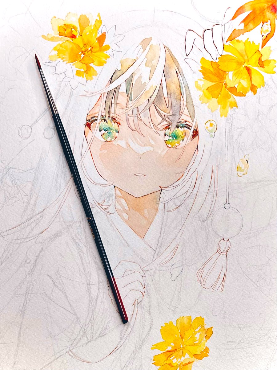 1girl flower solo looking at viewer uchikake green eyes holding  illustration images