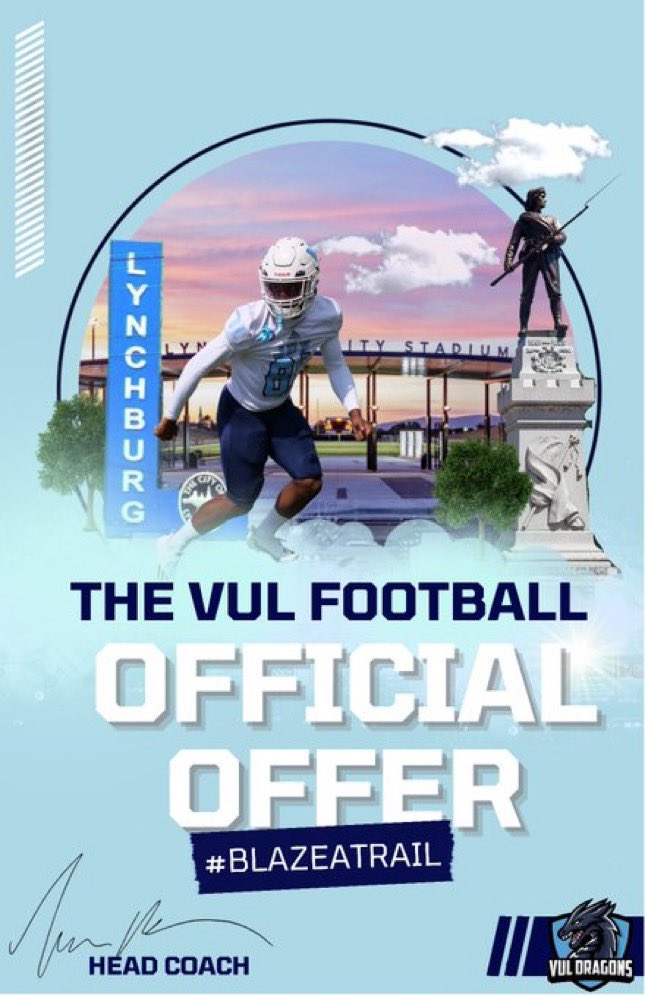 After a great talk with <a href="/COACHRYMER/">Kalvin Rymer</a> I am blessed🙏🏾to receive an offer from <a href="/FootballVul/">VUL Football</a> #BLAZEATRAIL #Godragons