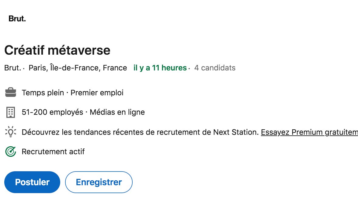 Créatif metaverse, the new designer graphic ?

Une semaine après l'annonce de Facebook et son métaverse le digital se réinvente déjà. Et avec ses métiers emboitent le pas.

Annonce vue il y a quelques minutes de <a href="/brutofficiel/">Brut FR</a>.
<a href="/vincentmontet/">Vincent MONTET</a> <a href="/arnaultchatel/">Arnault Chatel</a> #MBADMB #transfodigital