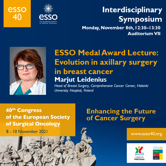 This year's ESSO Medal goes to Prof Marjut Leidenius 🎉🏅 Do not miss her ESSO Medal Award Lecture at 12:30 on Monday❗️ 
#womeninsurgery #surgicaloncology #breastcancer #breastsurgery #ESSO40