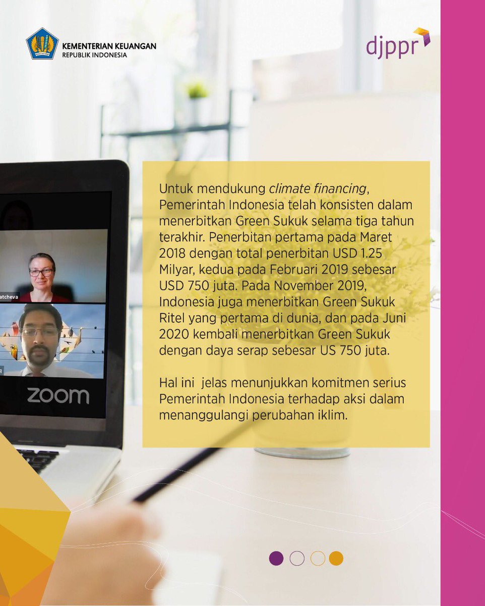 DJPPRkemenkeu's tweet photo. Dan untuk mendukung climate financing, Pemerintah telah konsisten dalam menerbitkan Green Sukuk selama tiga tahun terakhir lho!
#DirjenPPR juga berpartisipasi
sebagai panelis dalam virtual side event dari the United Nations Climate Change Conference. https://t.co/p9QKbHzeGC