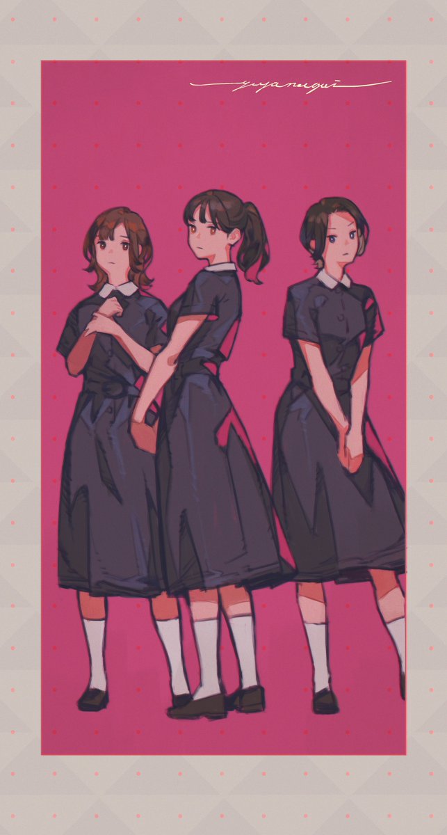 multiple girls 3girls dress ponytail brown hair black dress short sleeves  illustration images