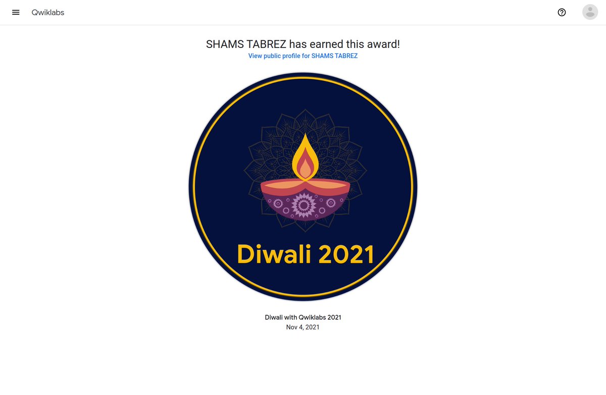 TabrezShams786's tweet photo. Hello Everyone Happy Diwali!

I am glad to share that I have completed the #DiwaliInTheCloud Challenge provided by Qwiklabs.

Public Profile Link :- https://t.co/i2lDMv19hP

Thank you so much Google Cloud and Qwiklabs for this amazing Diwali Challenge.
#qwiklabs #googlecloud https://t.co/5uVBMKbgAl