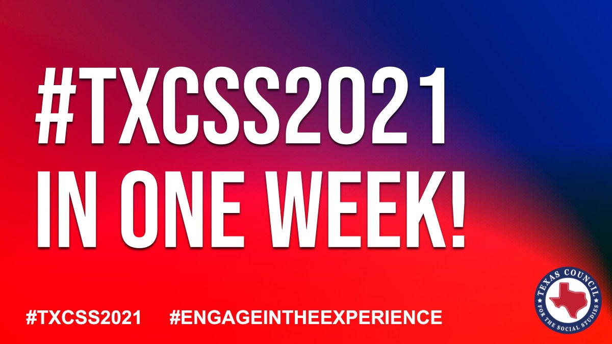 TxSocialStudies's tweet photo. One more week! #TXCSS2021 is almost here. Engage in the Experience of #TXCSS2021 with a visit to the #TXCSS booth in the exhibit hall. Raffle tickets, prizes, swag and more awaits.  Learn more at https://t.co/Ou4GZTNTCC #socialstudies https://t.co/gEfDJWHu3K