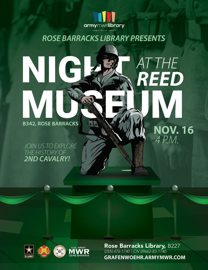 On Nov. 16 at 4 p.m., visit the #ReedMuseum to learn about the history of the @2dCavalryRegt! The curator will give an interactive tour — complete with uniforms and rifles. Plus there will be a scavenger hunt and demonstration. Info: grafenwoehr.armymwr.com/calendar/event… #BetterInBavaria