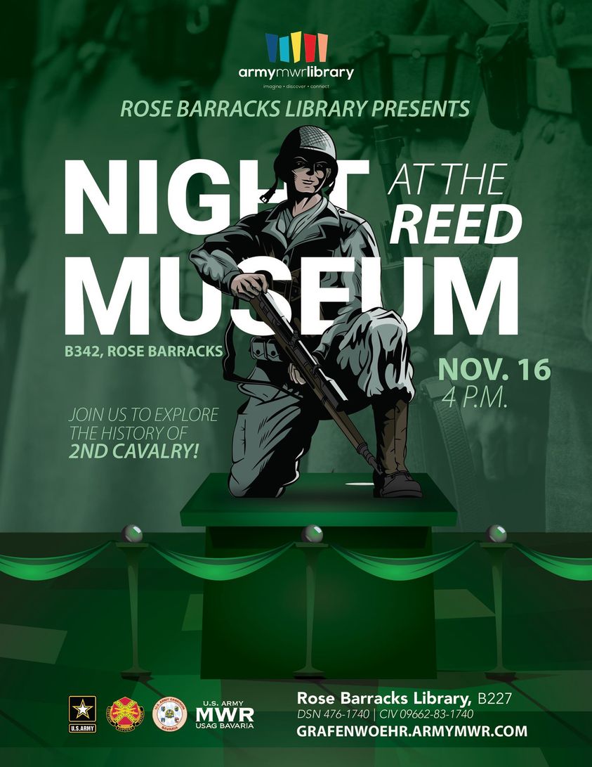 USAG Bavaria (@usagbavaria) on Twitter photo On Nov. 16 at 4 p.m., visit the #ReedMuseum to learn about the history of the <a href="/2dCavalryRegt/">2d Cavalry Regiment</a>! The curator will give an interactive tour — complete with uniforms and rifles. Plus there will be a scavenger hunt and demonstration.
Info: grafenwoehr.armymwr.com/calendar/event…
#BetterInBavaria On Nov. 16 at 4 p.m., visit the #ReedMuseum to learn about the history of the <a href="/2dCavalryRegt/">2d Cavalry Regiment</a>! The curator will give an interactive tour — complete with uniforms and rifles. Plus there will be a scavenger hunt and demonstration.
Info: grafenwoehr.armymwr.com/calendar/event…
#BetterInBavaria