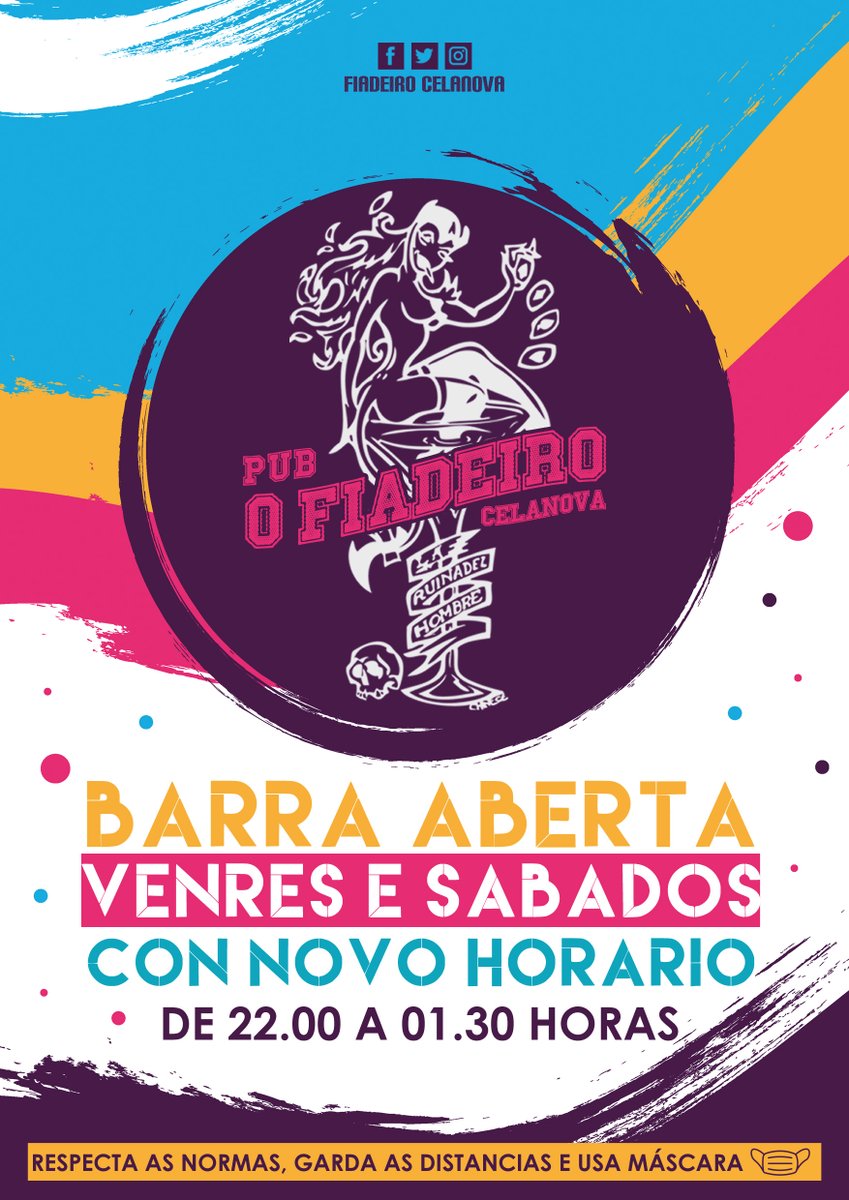 fiadeiro_cela's tweet photo. Venres e sábados noite no @fiadeiro_cela  🎉🥳

🔵 Xa podemos servir en barra 🍻🍹
🟣 Novo horario: de 22.00 a 1.30 horas  🕓🔝

🟡 RECORDA, tanto no exterior como no interior do local  #Sentidiño, respecta as normas, garda as distancias e usa máscara 😷🙂 https://t.co/skFceyq300