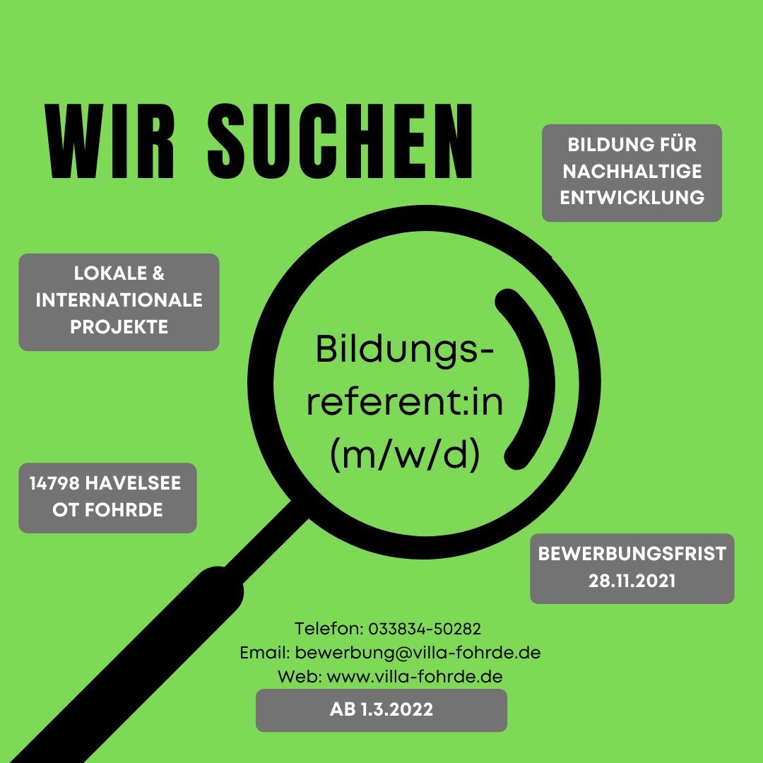 Neue:n Kolleg:in für unsere #nachhaltige #Bildungsstätte gesucht. Start zum 1.3.2022, Bewerbungsfrist 28.11.2021

#Stellenausschreibung #Bildungsreferent:in #Brandenburg #jobs #AdB 

Mehr auf villa-fohrde.de