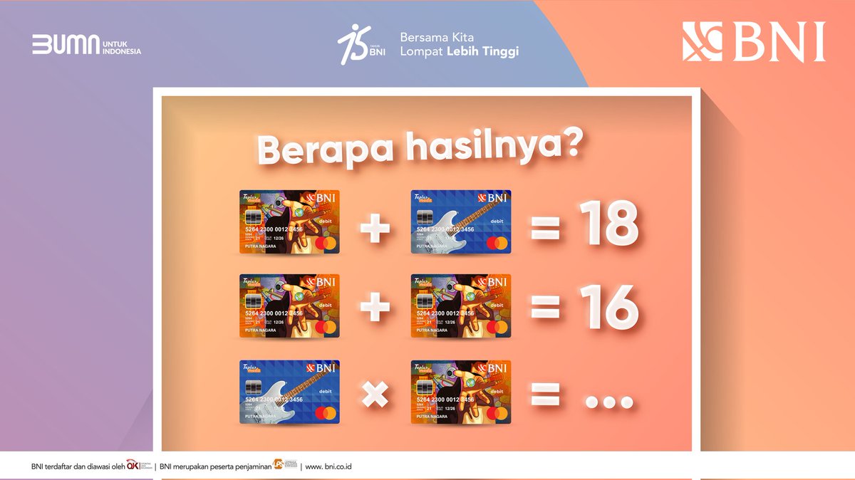 BNI's tweet photo. Jumat malam waktunya #BNIQuiz guys!🥳 

Kali ini siapin catatan ya, karena kita mau ajak kamu tebak hasil dari hitungan yang ada di gambar. Jangan lupa jawabnya pake hashtag #BNIQuiz dan love+retweet tweet ini dulu😉 https://t.co/WywsLqjTCe