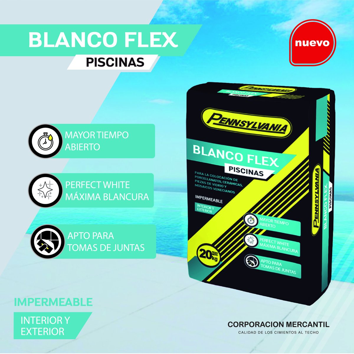 corpmercantil's tweet photo. NUEVO Pennsylvania BLANCO FLEX PISCINAS, es un adhesivo que ya sirve como pastina y tiene la ventaja de no alterar el color de los revestimientos traslucidos. https://t.co/iI2qOlYKs5
