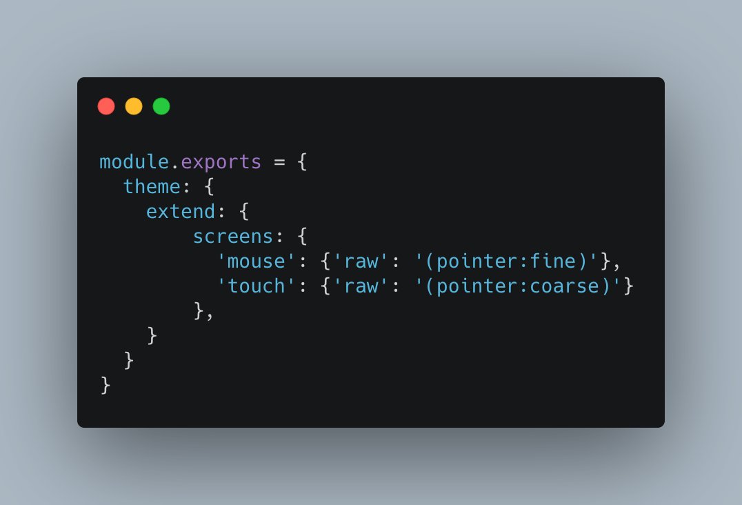 ThinkfloCodes's tweet image. Here&apos;s how I recently solved targeting touch devices using @TailwindCSS when needing an exception for hover states.  

Create custom raw screens for touch using the pointer CSS media query, you can now specifically target touch or mouse devices

My #tailwindcss trick of the week