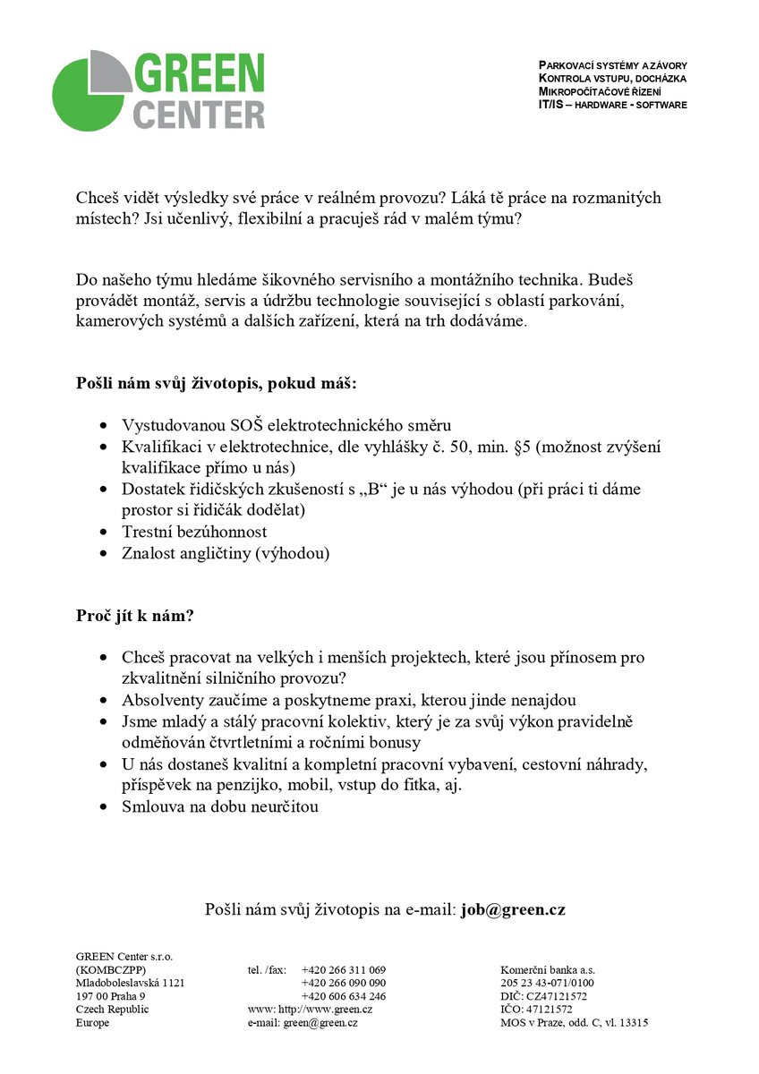Jsi elektrikář a hledáš práci? Tak nám pošli svůj životopis na e-mail: job@green.cz
