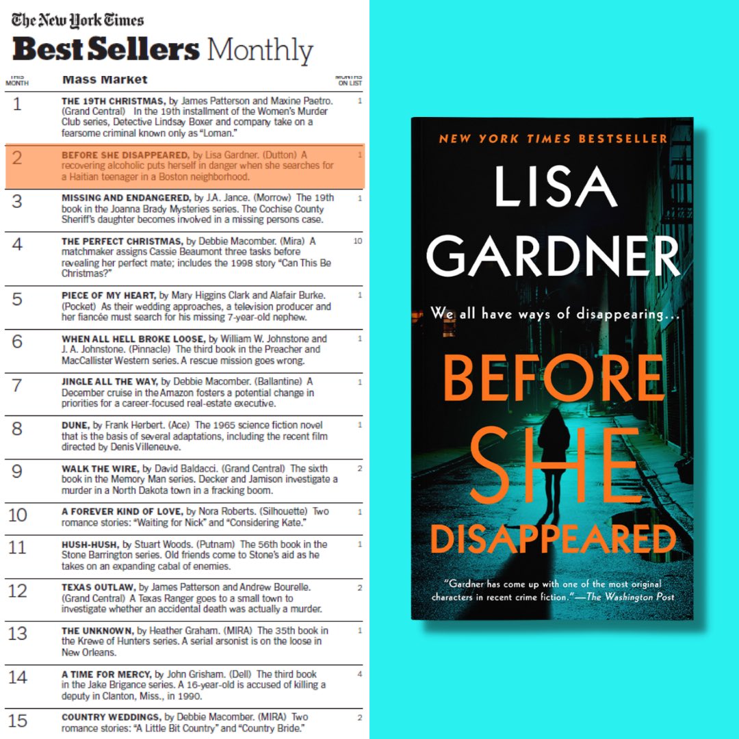 LisaGardnerBks's tweet photo. Thank you readers for returning #BeforeSheDisappeared to the @nytbestsellers_ list, this time for paperback releases. Want to know what #FrankieElkin is up to next?  Stay tuned for #OneStepTooFar, coming Jan 18, 2022!  @DuttonBooks @centurybooksuk https://t.co/yW5QBsYHSd