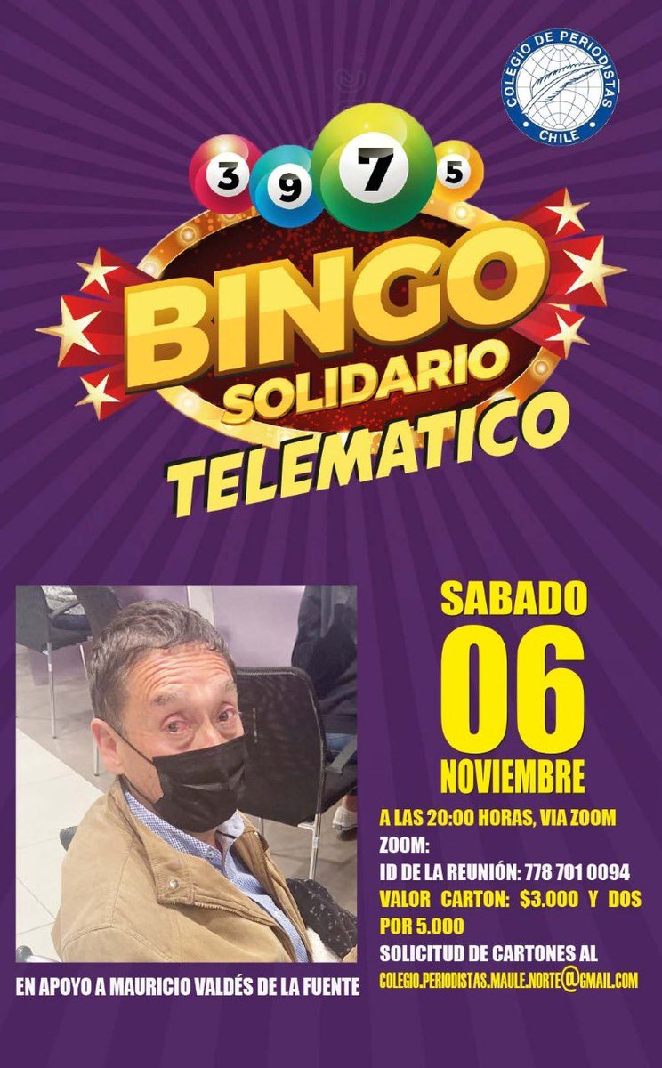 #CVsolidaridad… hoy todos nos unimos para apoyar a uno de los nuestros, y les invitamos a sumarse a este #BingoSolidarioTelematico. Este sábado 06, todos apoyamos a #MauricioValdésDeLaFuente.