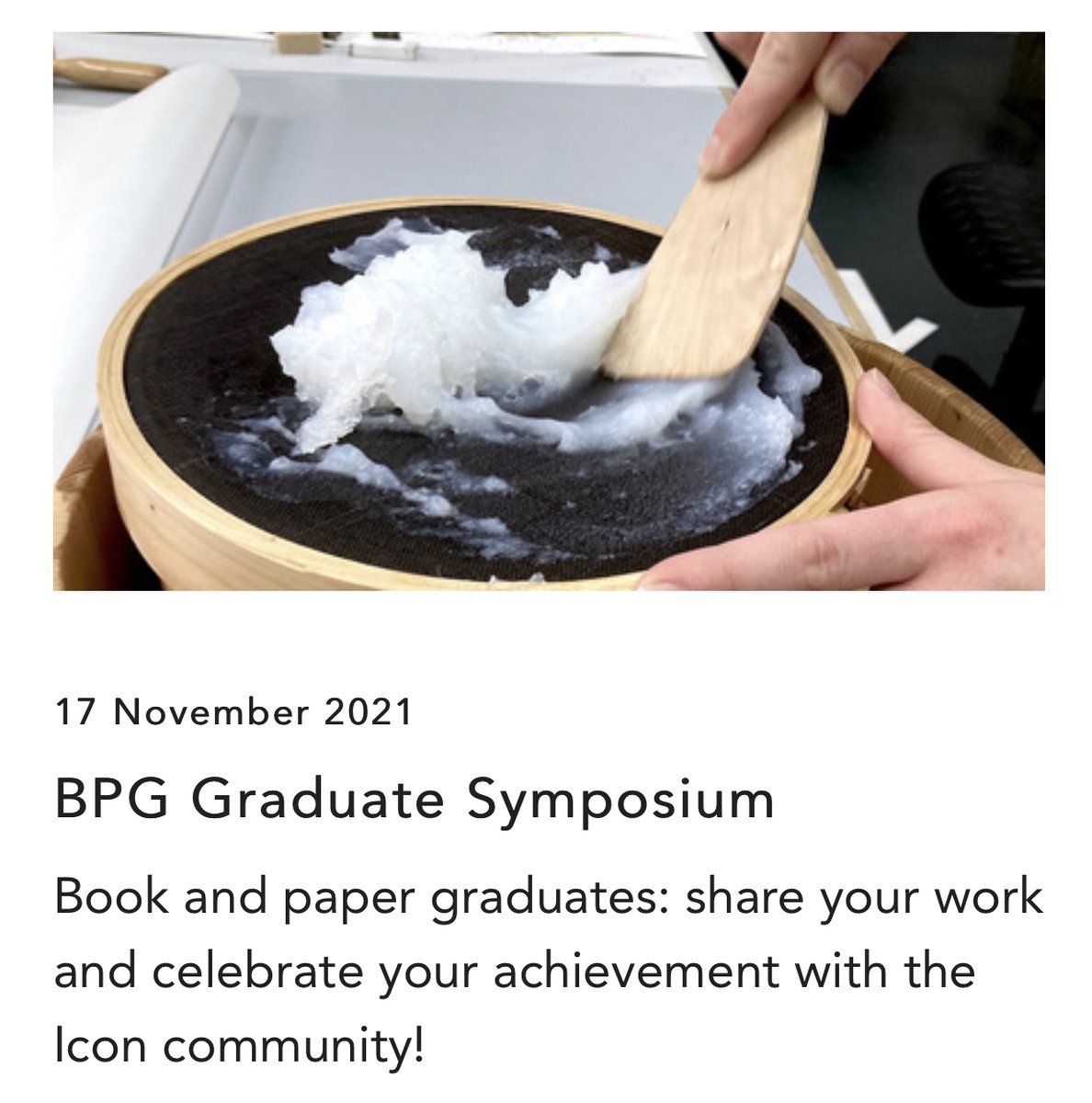 IconBook_Paper's tweet photo. 🔔The agenda of the BPG #GraduateSymposium is out!🔔
Book your place and spread the word! Highlight and celebrate the dissertations of newly graduated Book and Paper #Conservation professionals
https://t.co/FNCXUXrxrY https://t.co/9gLfgxUyu3