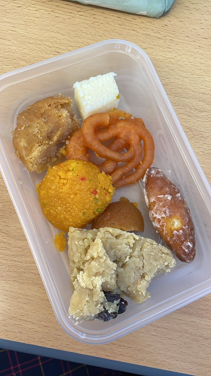 SandHighRS's tweet photo. traditional #Diwali treats from a local lady in our #sandbach #community ! Miss Jenkins is very happy 😍🐷 @SandbachHigh @SandbachCollege https://t.co/NN96md2ztD