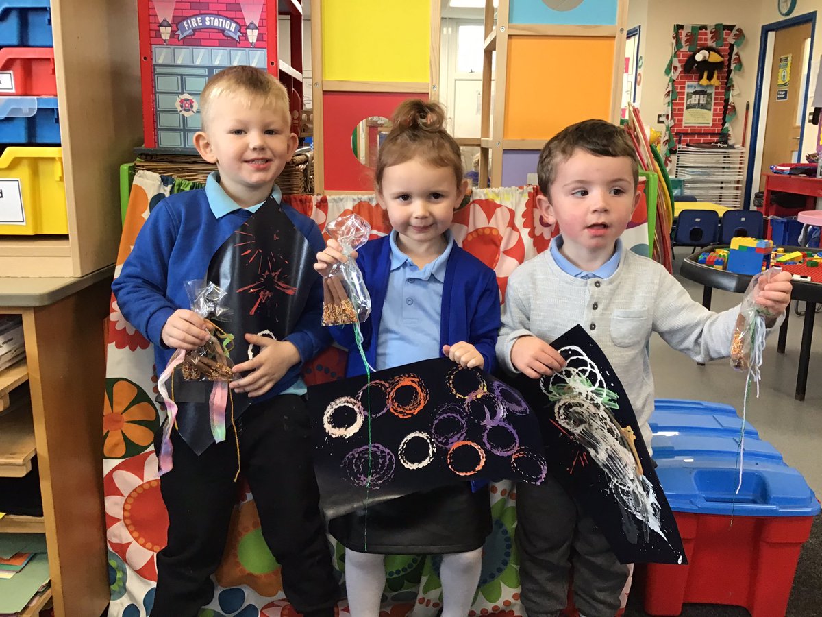 DafenSchool's tweet photo. Nursery have enjoyed learning about Bonfire Night!  We learned to draw fireworks and paint stamped fireworks.  We made chocolate sparkler treats to take home.  🔥💥 https://t.co/ryOt4gFuqd