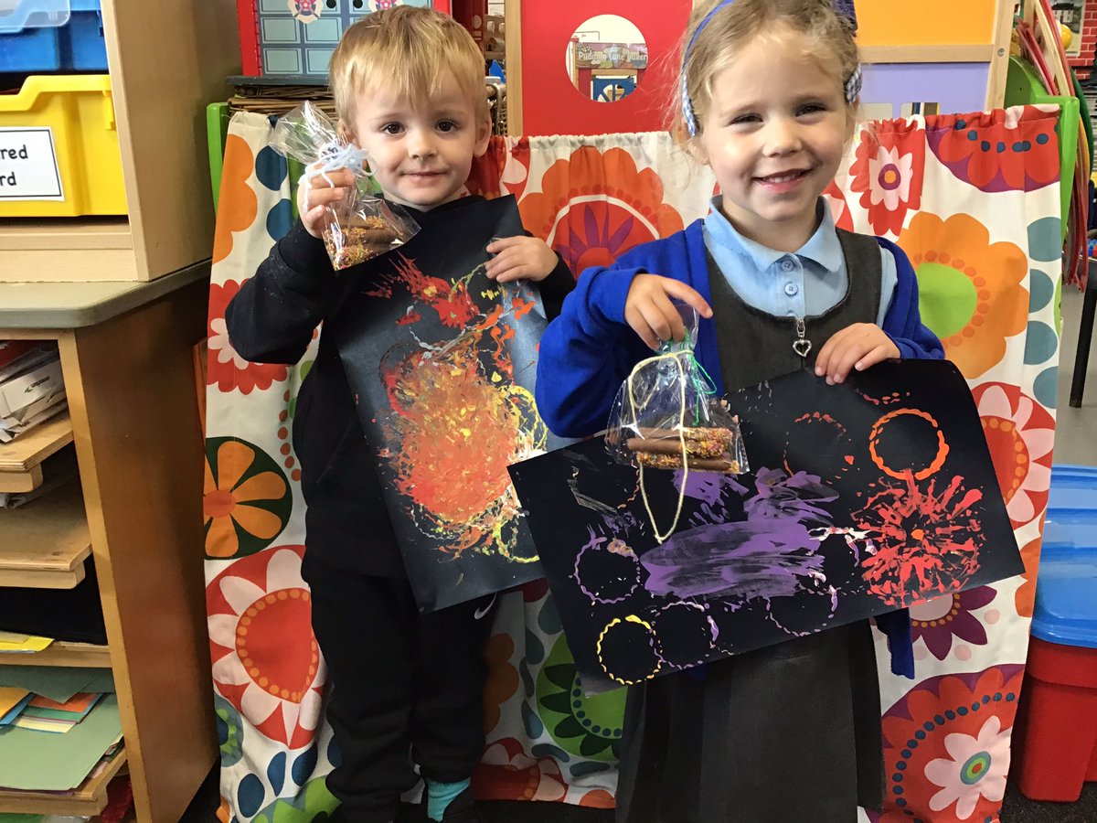 DafenSchool's tweet photo. Nursery have enjoyed learning about Bonfire Night!  We learned to draw fireworks and paint stamped fireworks.  We made chocolate sparkler treats to take home.  🔥💥 https://t.co/ryOt4gFuqd