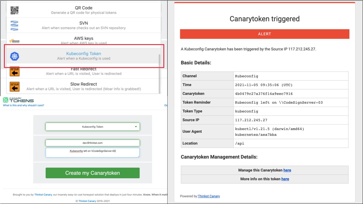 Canarytokens force attackers to doubt anything they find on ur servers.

Today, thanks to <a href="/dev0x01/">Dev Dua</a> - we ask:

What happens when an attacker finds a Kubeconfig file on ur server?

A: They use it, and u get a reliable alert!

Our new (free) Kubeconfig token:
blog.thinkst.com/2021/11/a-kube…