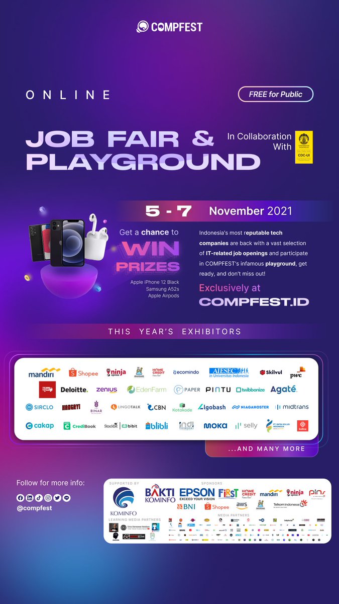 txtdrprogramer's tweet photo. Hi, TechnoFolks!
Online Job Fair and Playground COMPFEST kembali hadir! Tersedia hadiah Apple iPhone 12, Samsung A52s, Apple Airpods, dan masih banyak hadiah menarik lainnya! Pastikan kamu berpartisipasi pada 5-7 November 2021 di https://t.co/BNXgx0SZ51
#TechtoElevate
#CF13 https://t.co/KuMxWWO2CQ