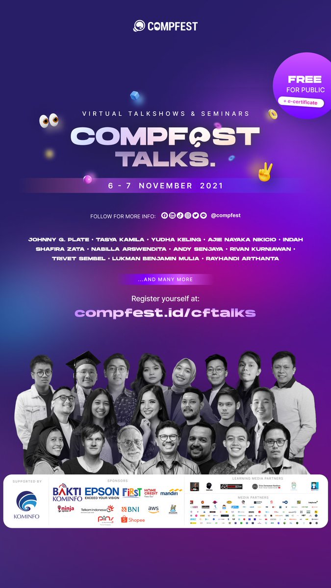 txtdrprogramer's tweet photo. Hi, TechnoFolks!
Open Register COMPFESTalks telah resmi dibuka!
COMPFESTalks akan menghadirkan topik menarik yang dibahas bersama pembicara yang ahli di bidangnya. Daftarkan dirimu segera di https://t.co/wyAhKeopGG
#COMPFESTalks
#TechtoElevate
#CF13 https://t.co/l65jq6ByaO