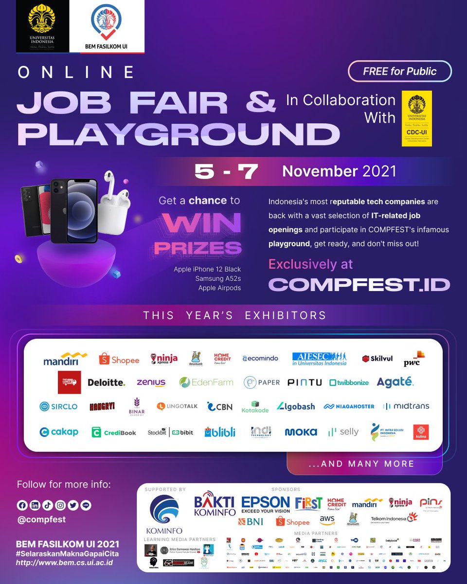 txtdrprogramer's tweet photo. Hi, TechnoFolks!
Online Job Fair and Playground COMPFEST kembali hadir! Tersedia hadiah Apple iPhone 12, Samsung A52s, Apple Airpods, dan masih banyak hadiah menarik lainnya! Pastikan kamu berpartisipasi pada 5-7 November 2021 di https://t.co/BNXgx0SZ51
#TechtoElevate
#CF13 https://t.co/KuMxWWO2CQ